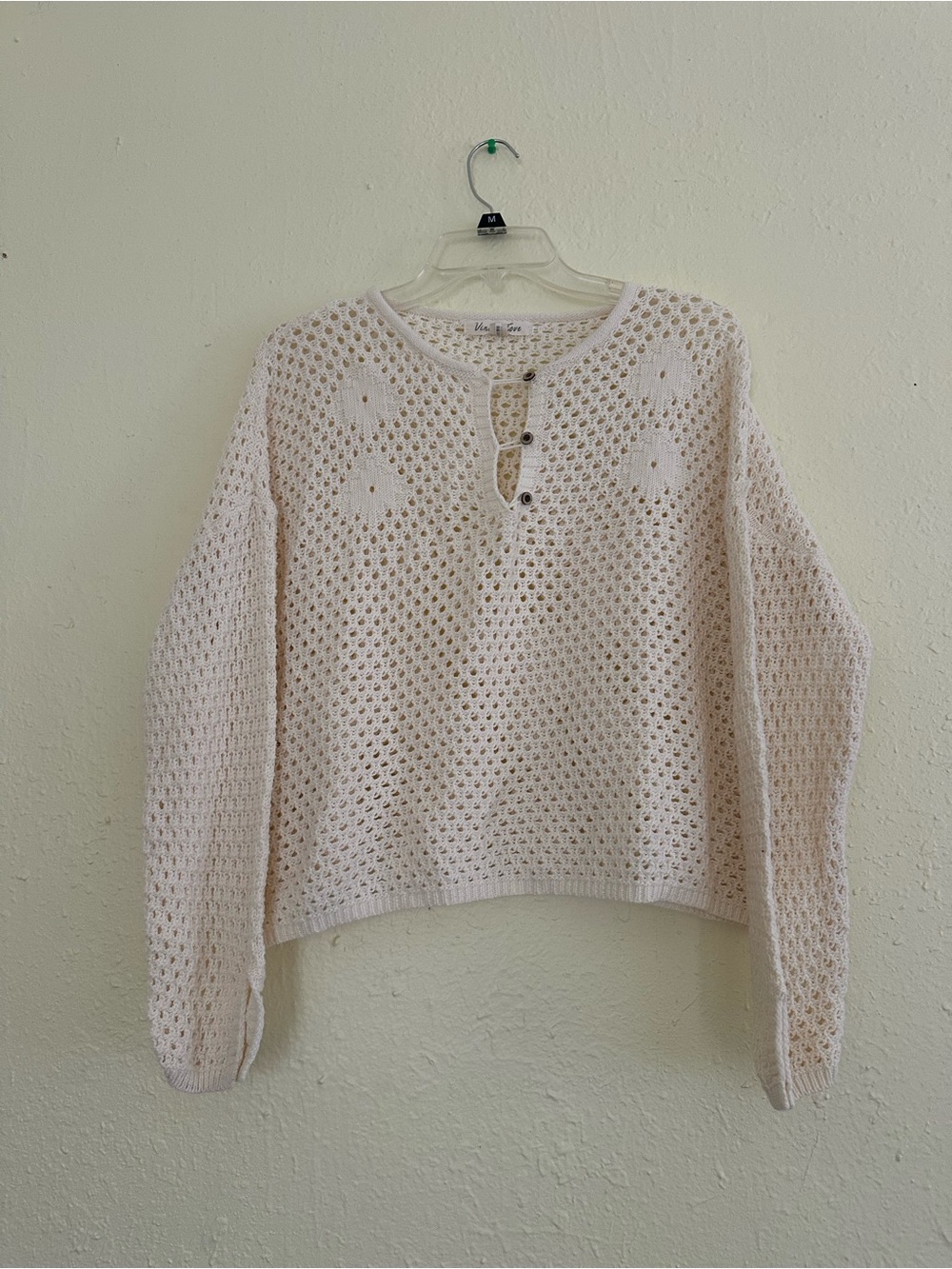 Vine & Love Crochet Henley Openwork Sweater - Cream EUC